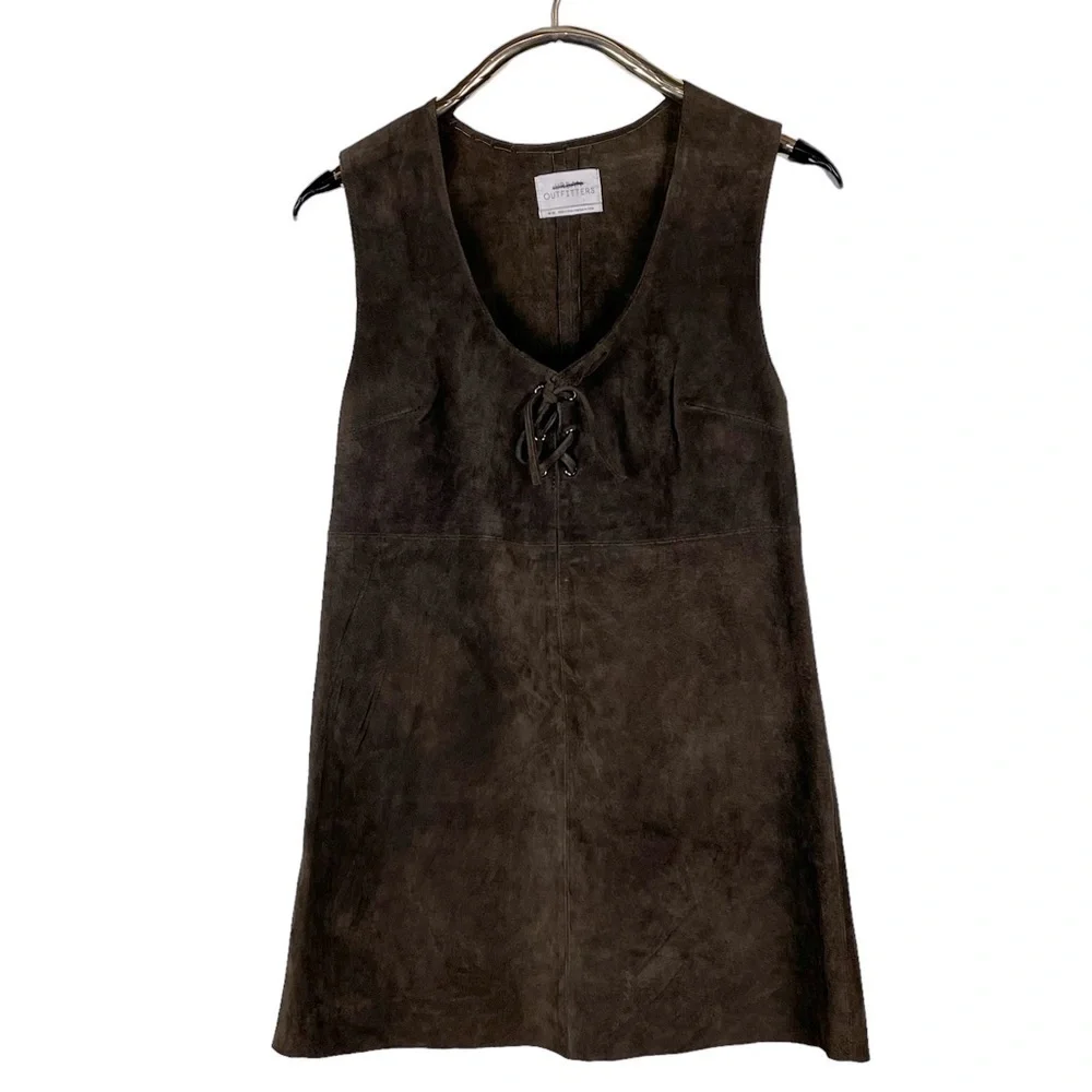 URBAN OUTFITTERS BROWN LEATHER SLEEVELESS LACE BUST RETRO 70'S MINI SHIFT DRESS
